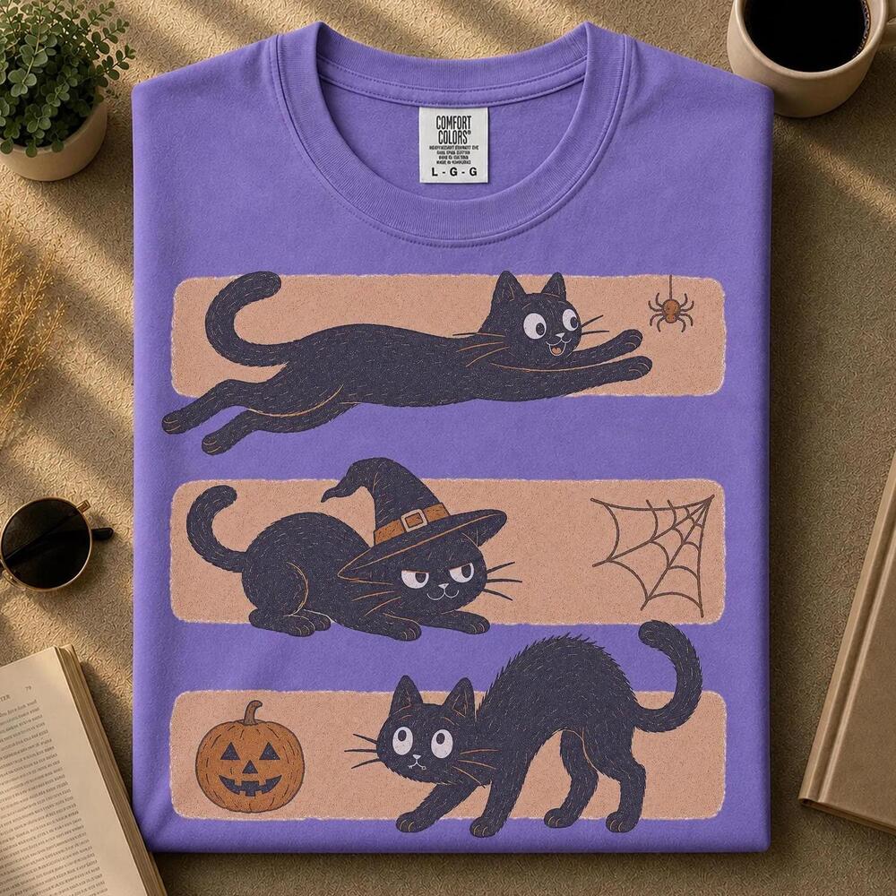 Black Cat Halloween Shirt, Spooky Cat Witch Tee, Pumpkin Spider Graphic